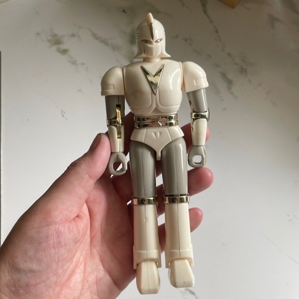 Vintage Cream & Gray Robot Action Figure with Gold Accents